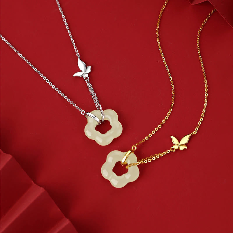 EverestArtstudios 925 Sterling Silver Butterfly Hetian Jade Flower Blessing Necklace Pendant