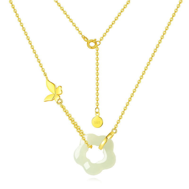 EverestArtstudios 925 Sterling Silver Butterfly Hetian Jade Flower Blessing Necklace Pendant