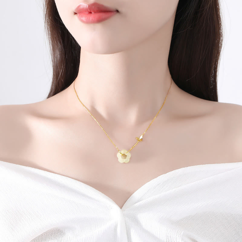 EverestArtstudios 925 Sterling Silver Butterfly Hetian Jade Flower Blessing Necklace Pendant