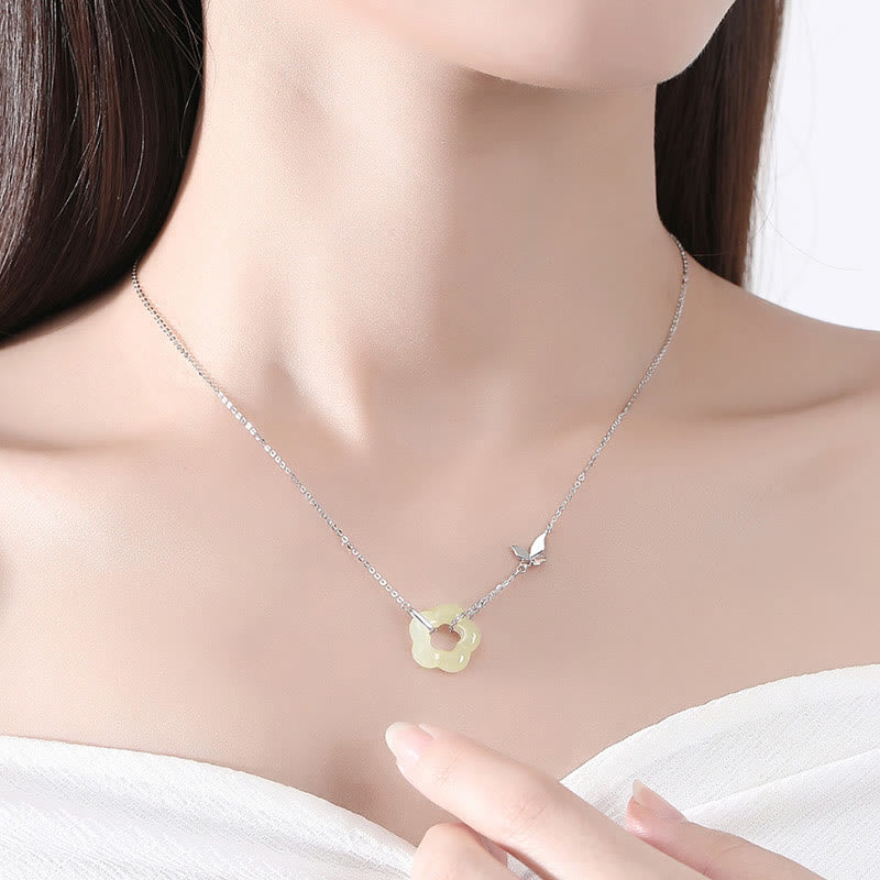EverestArtstudios 925 Sterling Silver Butterfly Hetian Jade Flower Blessing Necklace Pendant