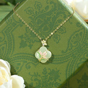 EverestArtstudios 925 Sterling Silver Magnolia Butterfly Hetian Jade Four Leaf Clover Blessing Earrings Necklace Pendant