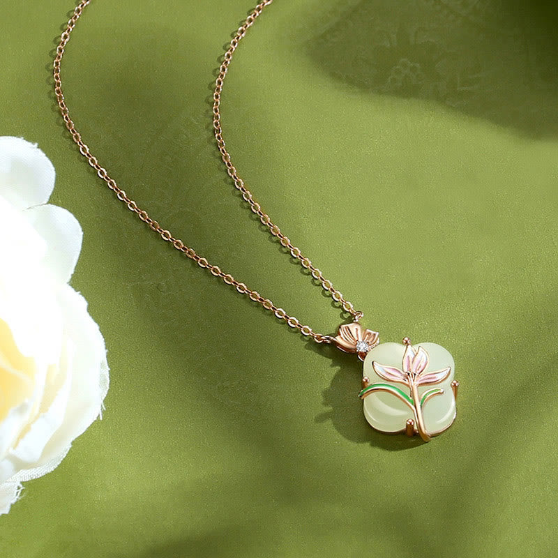 EverestArtstudios 925 Sterling Silver Magnolia Butterfly Hetian Jade Four Leaf Clover Blessing Earrings Necklace Pendant