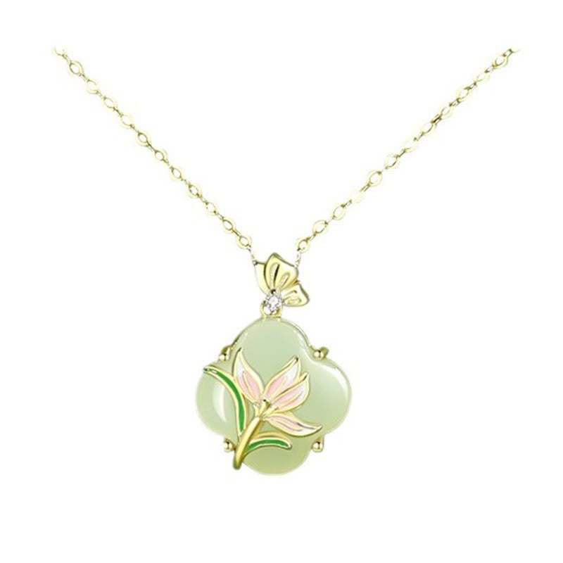 EverestArtstudios 925 Sterling Silver Magnolia Butterfly Hetian Jade Four Leaf Clover Blessing Earrings Necklace Pendant