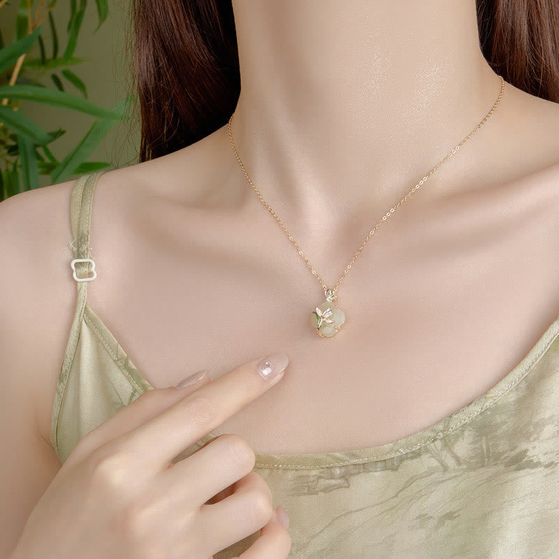 EverestArtstudios 925 Sterling Silver Magnolia Butterfly Hetian Jade Four Leaf Clover Blessing Earrings Necklace Pendant