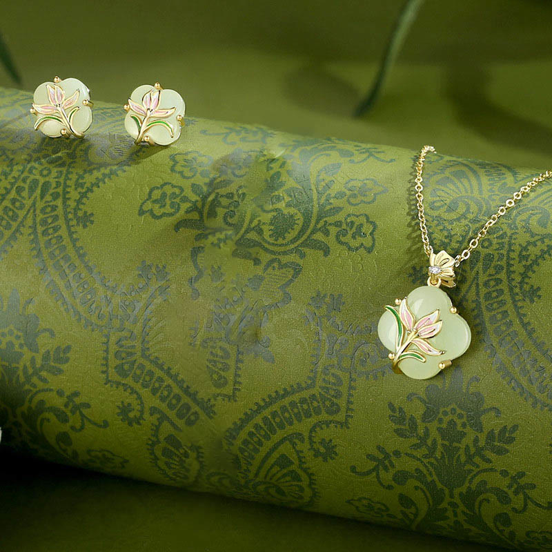 EverestArtstudios 925 Sterling Silver Magnolia Butterfly Hetian Jade Four Leaf Clover Blessing Earrings Necklace Pendant