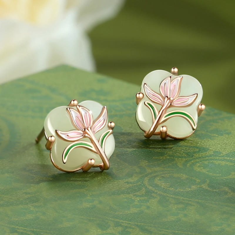 EverestArtstudios 925 Sterling Silver Magnolia Butterfly Hetian Jade Four Leaf Clover Blessing Earrings Necklace Pendant