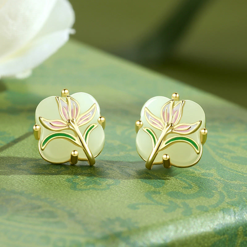 EverestArtstudios 925 Sterling Silver Magnolia Butterfly Hetian Jade Four Leaf Clover Blessing Earrings Necklace Pendant