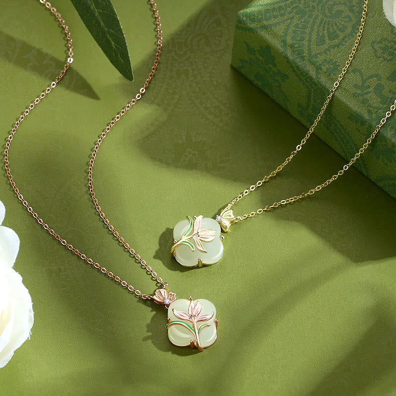EverestArtstudios 925 Sterling Silver Magnolia Butterfly Hetian Jade Four Leaf Clover Blessing Earrings Necklace Pendant