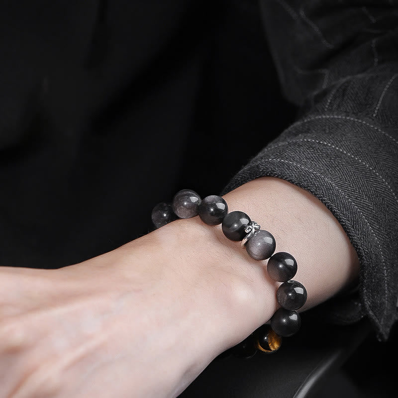 Buddha Stones Natural Silver Sheen Obsidian Tiger's Eye Six True Words 'Om Mani Padme Hum' Strength Bracelet