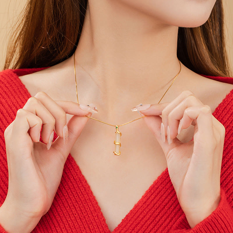EverestArtstudios Hetian Jade 925 Sterling Silver Year of the Snake Bamboo Growth Necklace Pendant