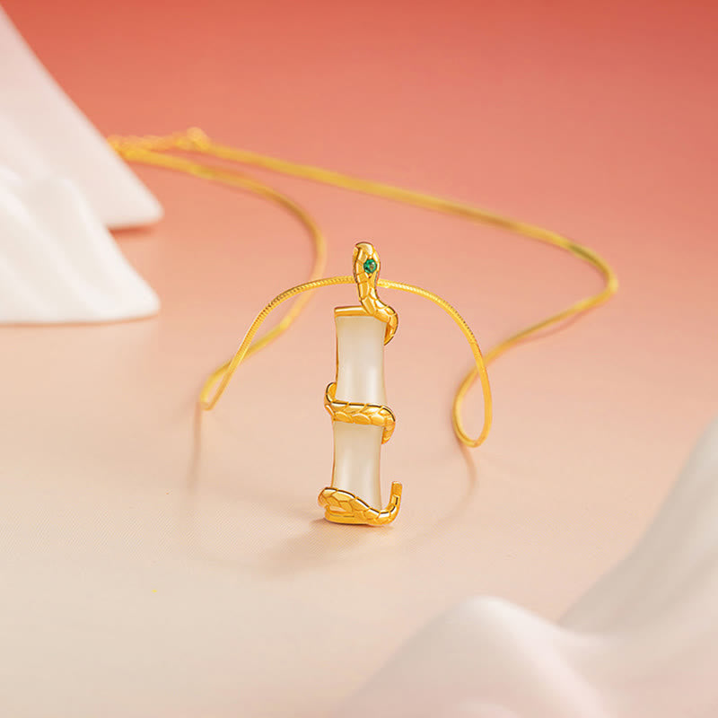 EverestArtstudios Hetian Jade 925 Sterling Silver Year of the Snake Bamboo Growth Necklace Pendant