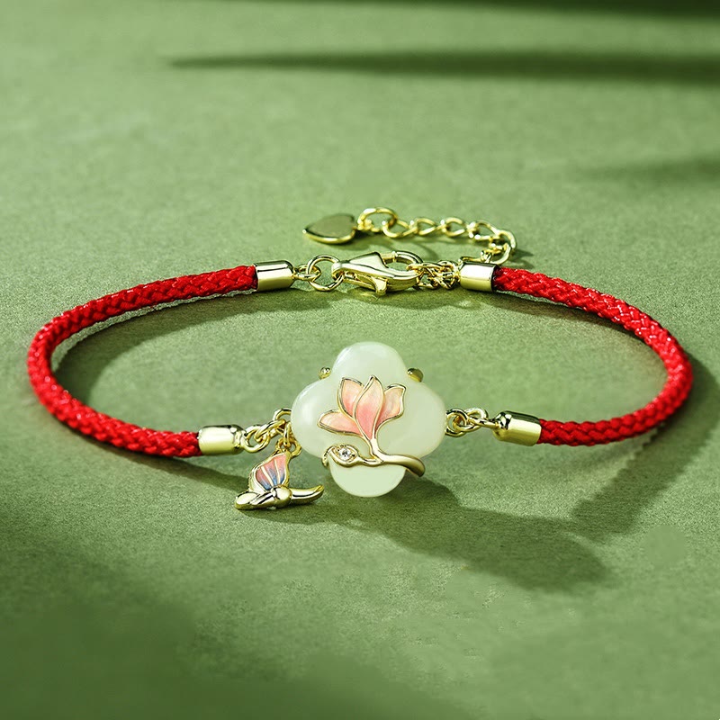 EverestArtstudios 925 Sterling Silver Hetian Jade Magnolia Flower Butterfly Luck Chain Bracelet