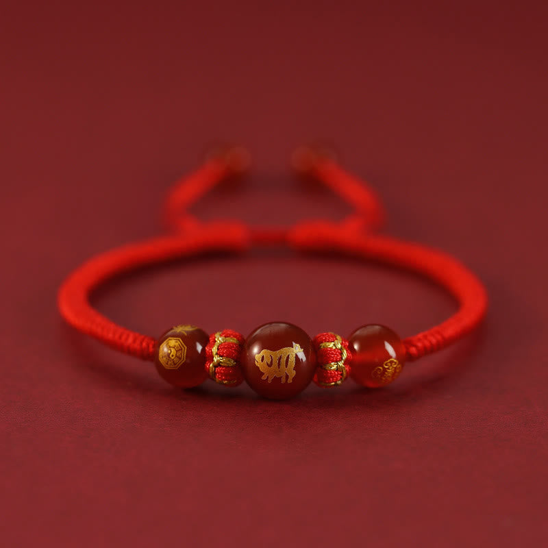Buddha Stones Handmade Red Agate Chinese Zodiac Red String Braided Protection Bracelet