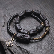 Buddha Stones Ebony Wood Copper Brass Red Agate Peace Double Wrap Bracelet