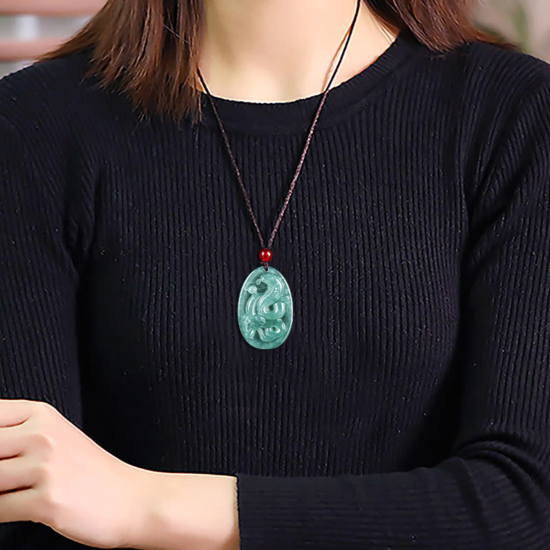 EverestArtstudios Natural Jade Oval Year Of The Snake Luck Necklace Pendant