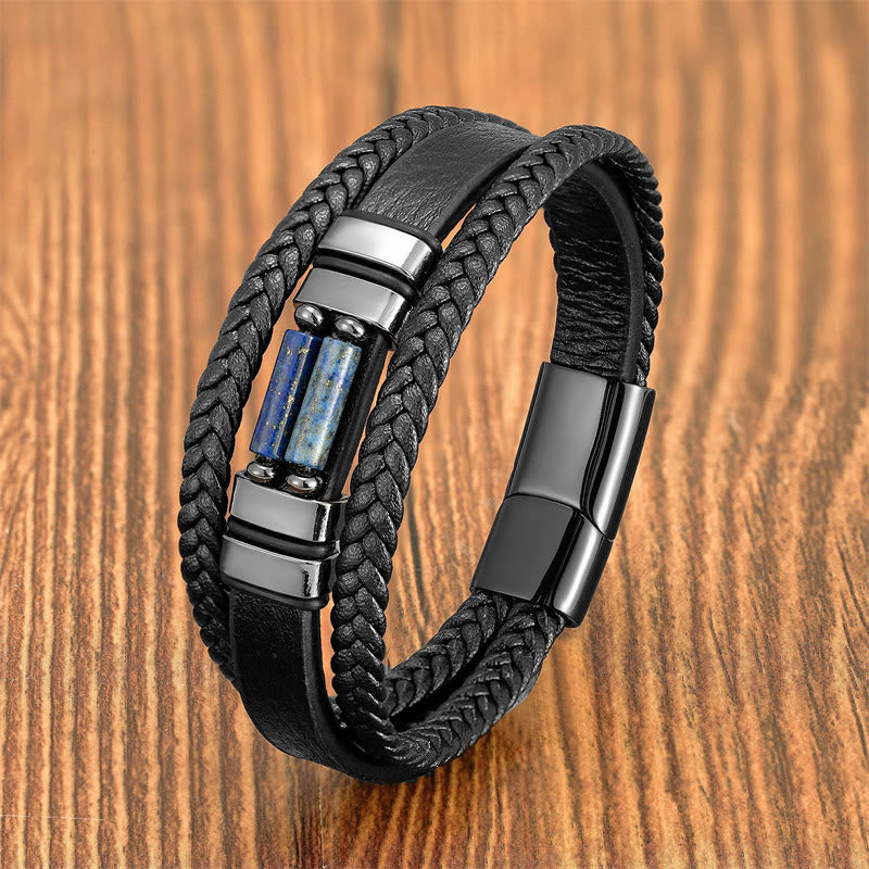 Buddha Stones Tiger Eye Lazurite Lapis Lazuli Hematite Picture Jasper Black Onyx Strength Multi-layer Leather Bracelet