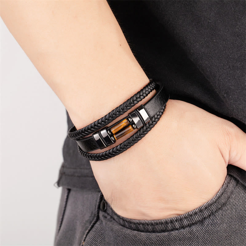 Buddha Stones Tiger Eye Lazurite Lapis Lazuli Hematite Picture Jasper Black Onyx Strength Multi-layer Leather Bracelet