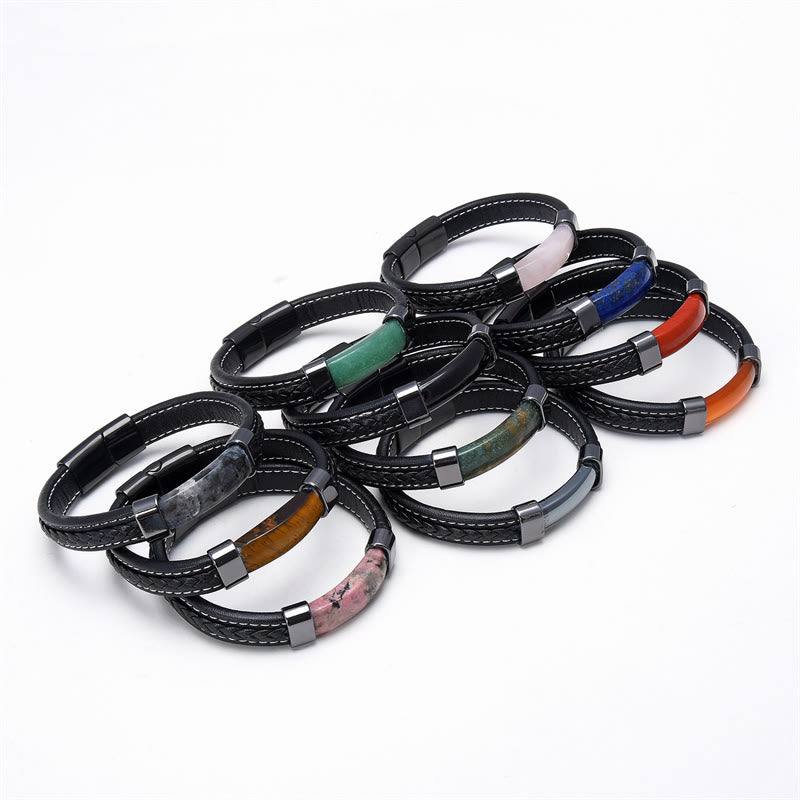 Buddha Stones Lazurite Lapis Lazuli Tiger Eye Rhodonite Hematite Black Onyx Stone Balance Leather Bracelet