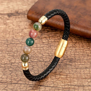 Buddha Stones Blue Agate Tiger Eye Lava Rock Black Onyx Lazurite Lapis Lazuli Bead Protection Leather Bracelet