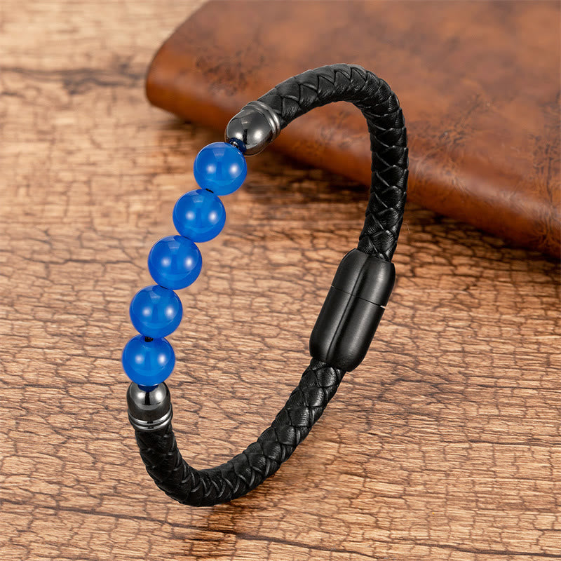 Buddha Stones Blue Agate Tiger Eye Lava Rock Black Onyx Lazurite Lapis Lazuli Bead Protection Leather Bracelet