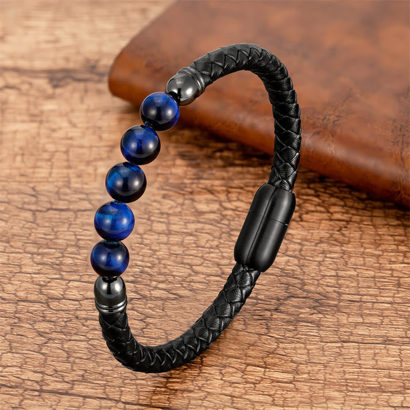 Buddha Stones Blue Agate Tiger Eye Lava Rock Black Onyx Lazurite Lapis Lazuli Bead Protection Leather Bracelet