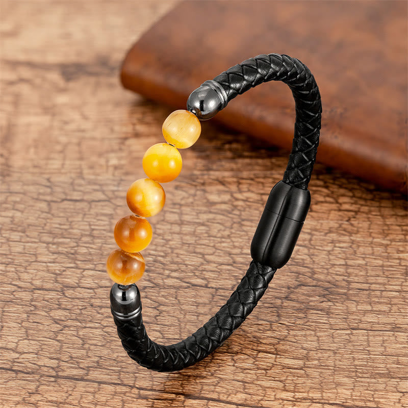 Buddha Stones Blue Agate Tiger Eye Lava Rock Black Onyx Lazurite Lapis Lazuli Bead Protection Leather Bracelet