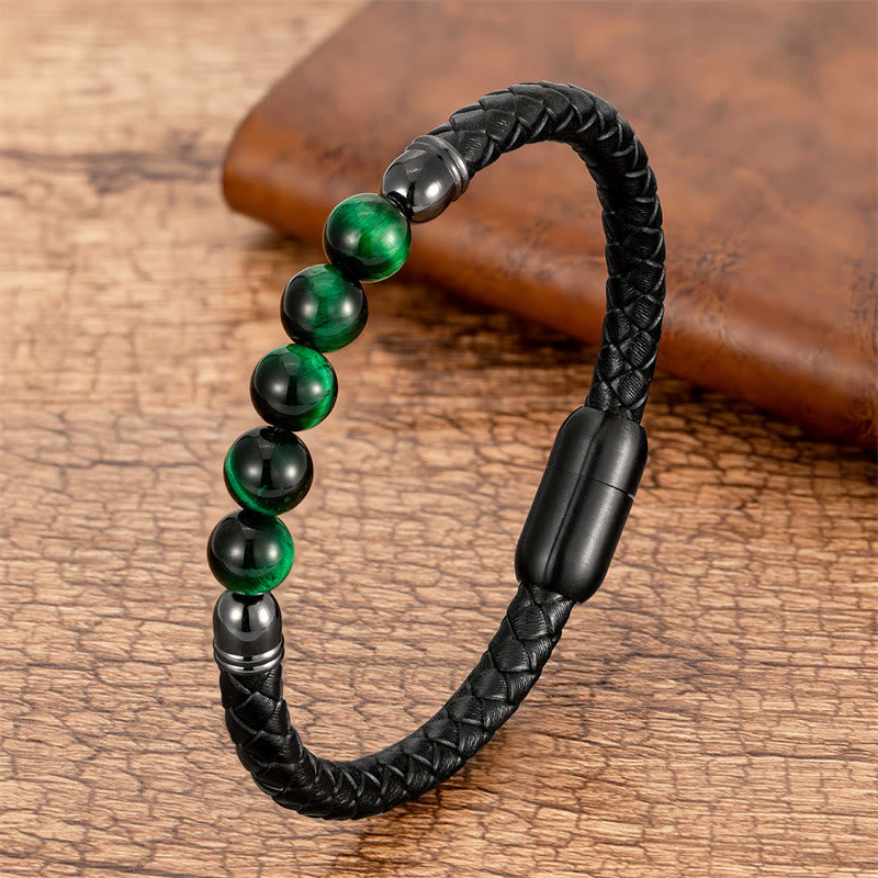 Buddha Stones Blue Agate Tiger Eye Lava Rock Black Onyx Lazurite Lapis Lazuli Bead Protection Leather Bracelet