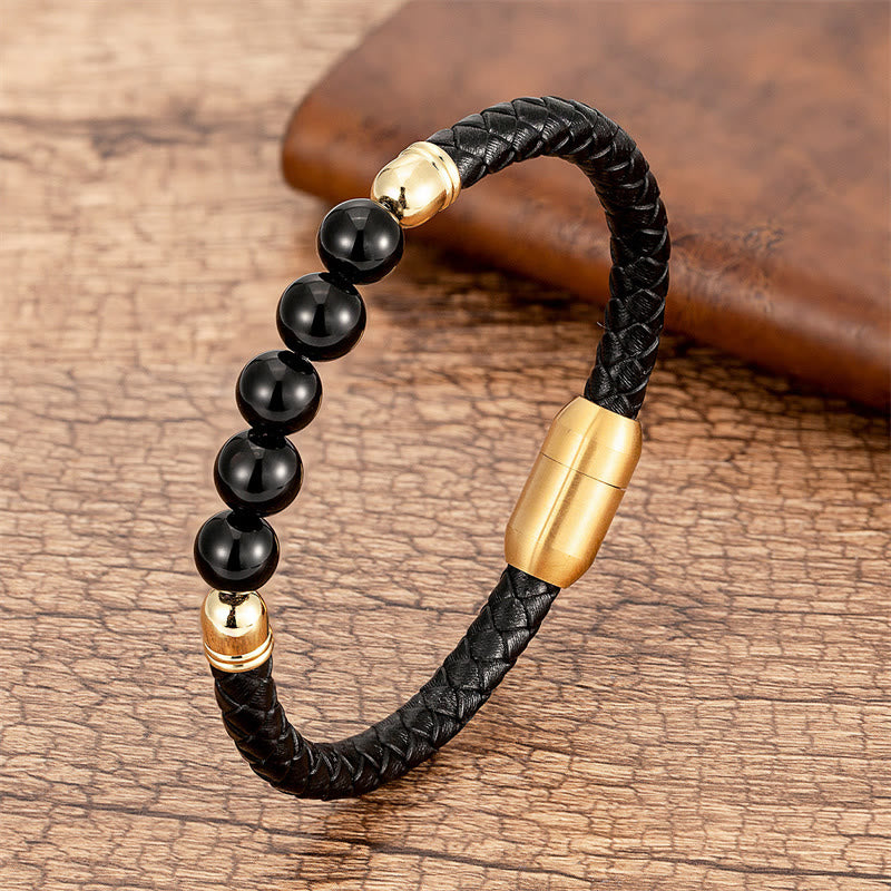 Buddha Stones Blue Agate Tiger Eye Lava Rock Black Onyx Lazurite Lapis Lazuli Bead Protection Leather Bracelet