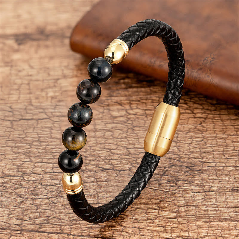 Buddha Stones Blue Agate Tiger Eye Lava Rock Black Onyx Lazurite Lapis Lazuli Bead Protection Leather Bracelet