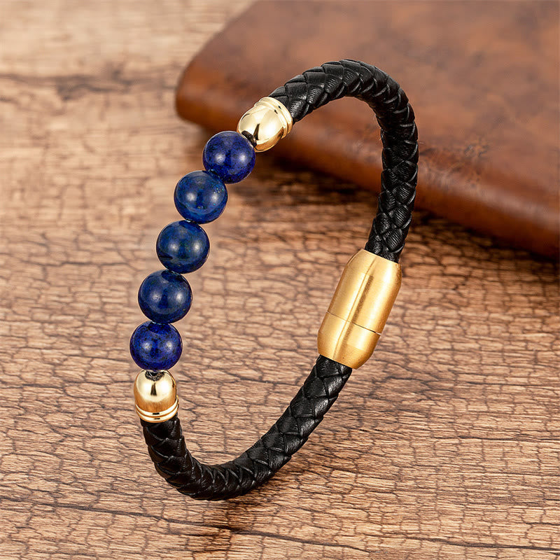 Buddha Stones Blue Agate Tiger Eye Lava Rock Black Onyx Lazurite Lapis Lazuli Bead Protection Leather Bracelet