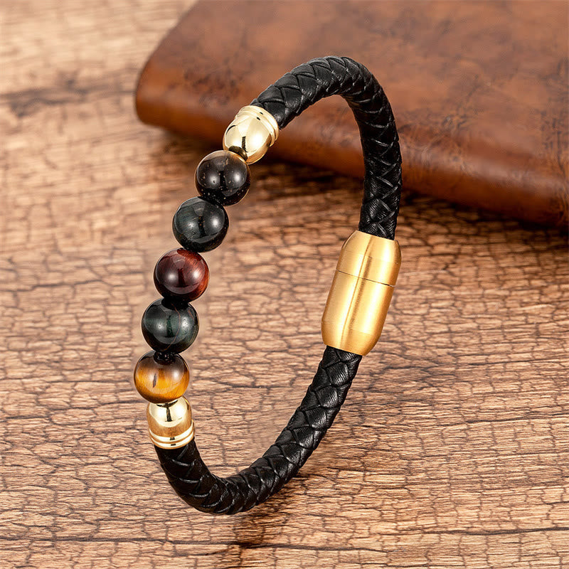 Buddha Stones Blue Agate Tiger Eye Lava Rock Black Onyx Lazurite Lapis Lazuli Bead Protection Leather Bracelet