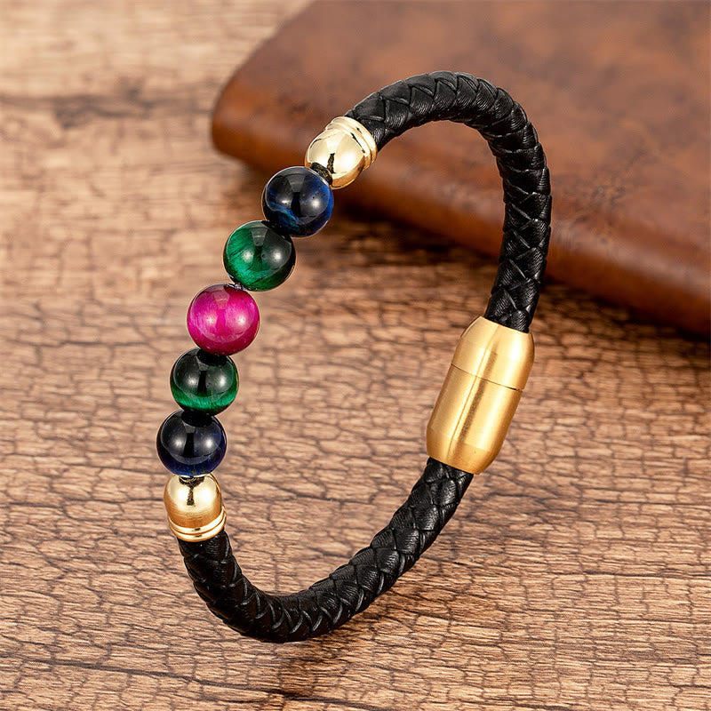 Buddha Stones Blue Agate Tiger Eye Lava Rock Black Onyx Lazurite Lapis Lazuli Bead Protection Leather Bracelet