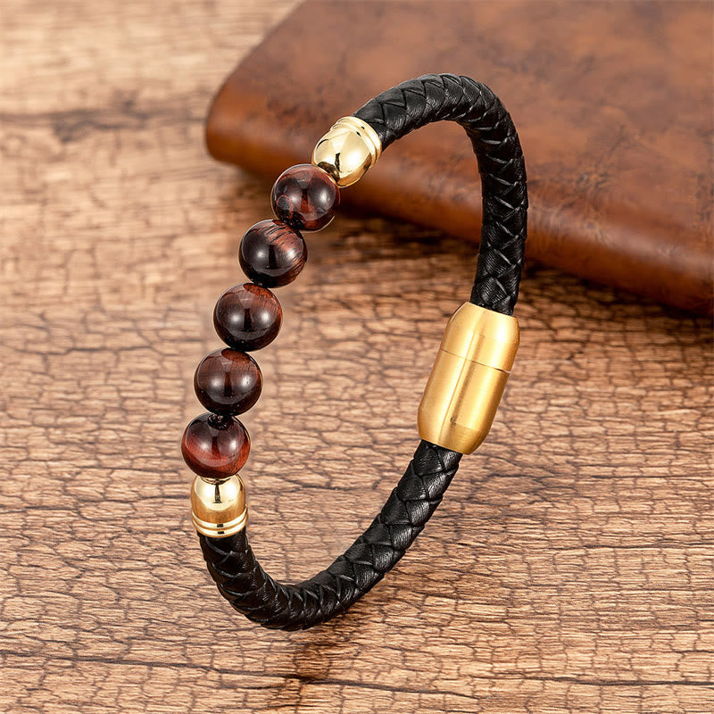 Buddha Stones Blue Agate Tiger Eye Lava Rock Black Onyx Lazurite Lapis Lazuli Bead Protection Leather Bracelet