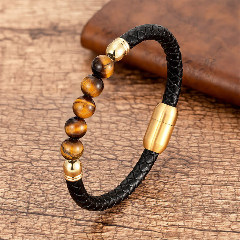 Buddha Stones Blue Agate Tiger Eye Lava Rock Black Onyx Lazurite Lapis Lazuli Bead Protection Leather Bracelet
