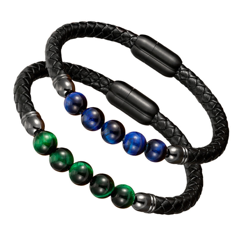 Buddha Stones Blue Agate Tiger Eye Lava Rock Black Onyx Lazurite Lapis Lazuli Bead Protection Leather Bracelet