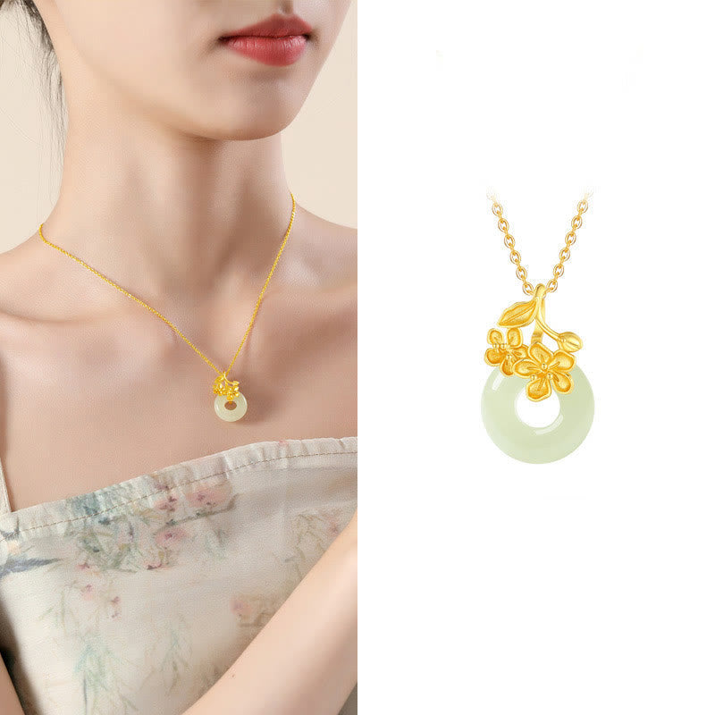 EverestArtstudios Hetian Jade 999 Sterling Silver Peace Buckle Peach Blossom Necklace Pendant
