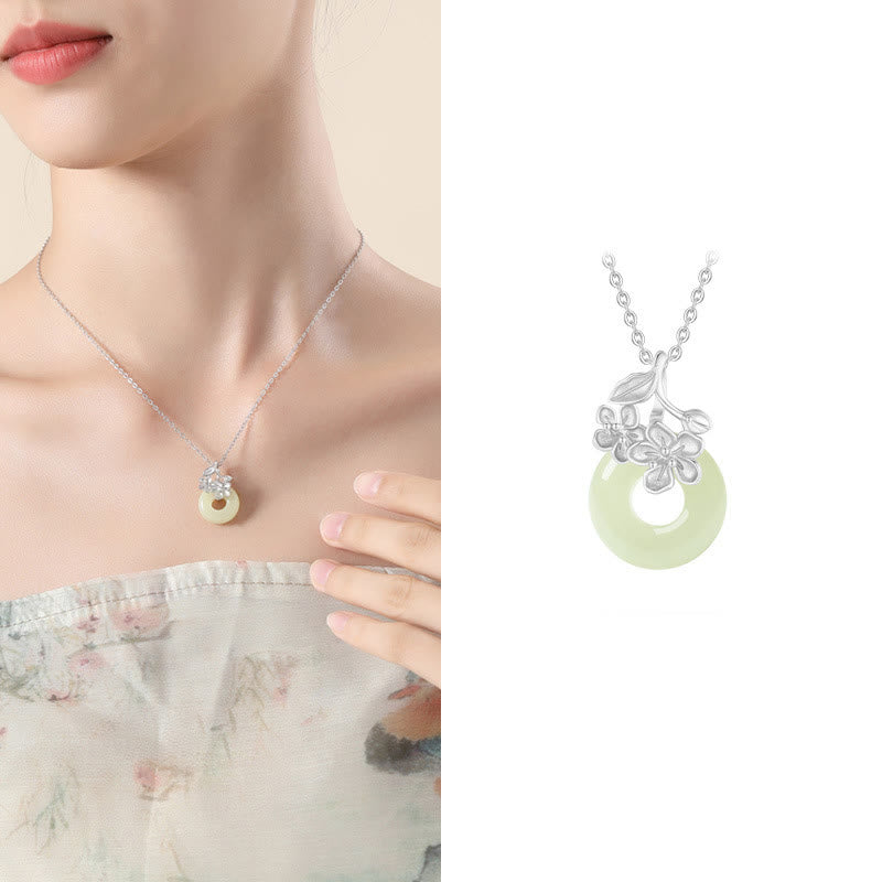 EverestArtstudios Hetian Jade 999 Sterling Silver Peace Buckle Peach Blossom Necklace Pendant