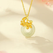 EverestArtstudios Hetian Jade 999 Sterling Silver Peace Buckle Peach Blossom Necklace Pendant
