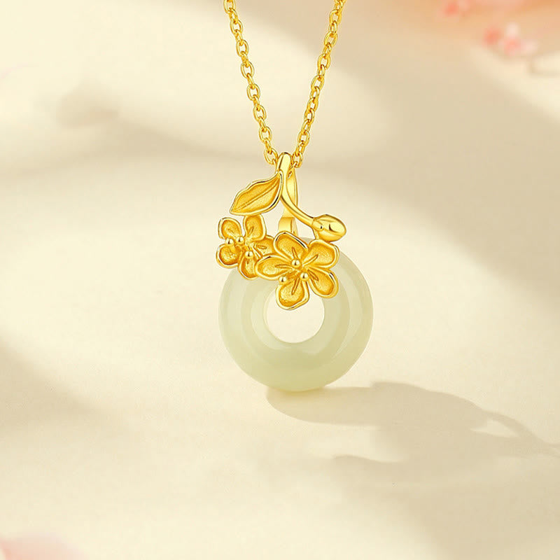 EverestArtstudios Hetian Jade 999 Sterling Silver Peace Buckle Peach Blossom Necklace Pendant