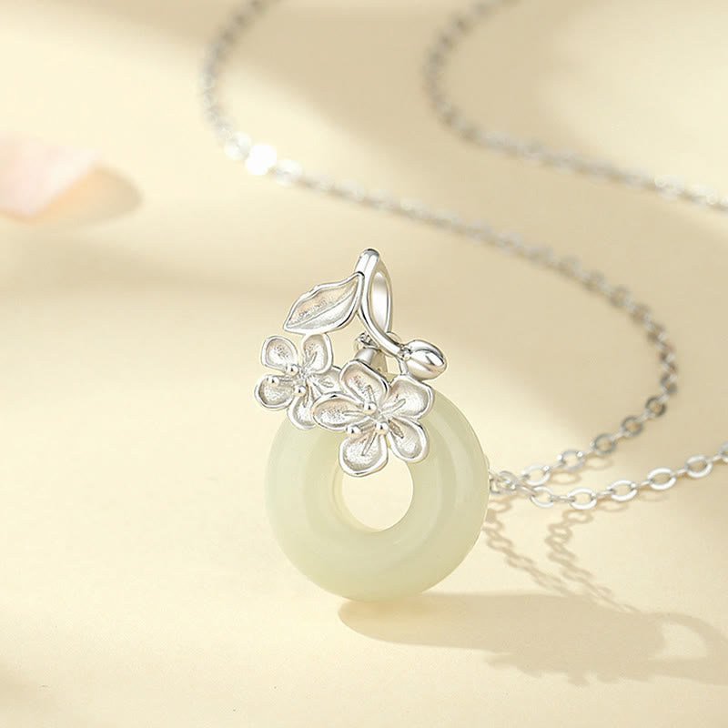 EverestArtstudios Hetian Jade 999 Sterling Silver Peace Buckle Peach Blossom Necklace Pendant