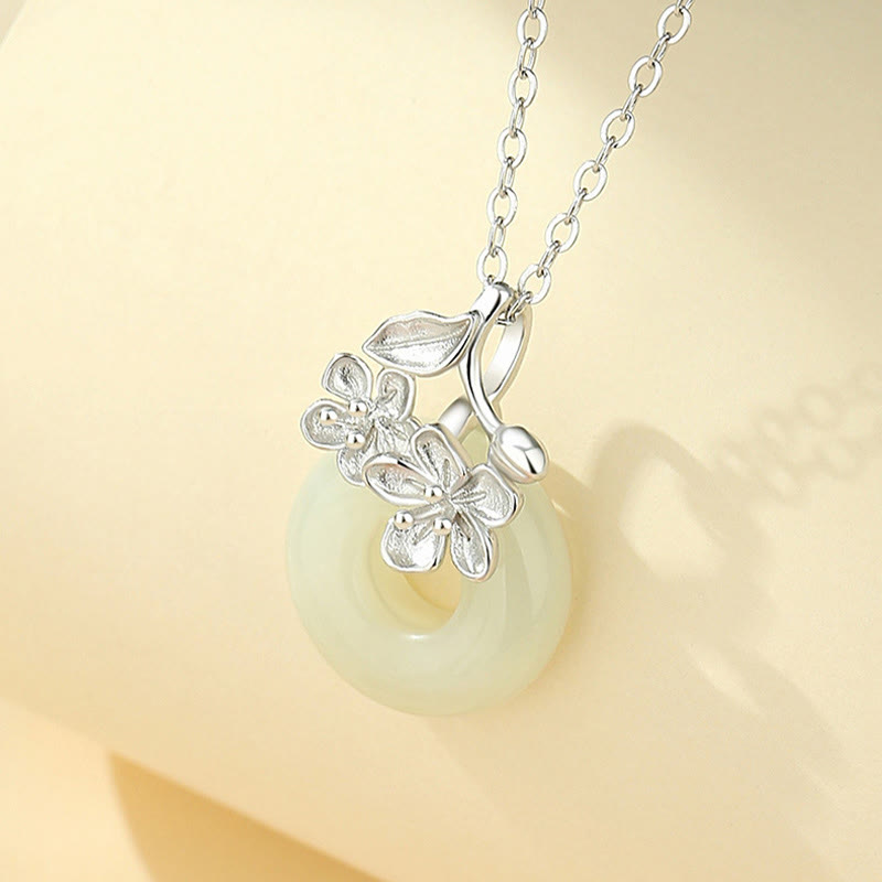EverestArtstudios Hetian Jade 999 Sterling Silver Peace Buckle Peach Blossom Necklace Pendant