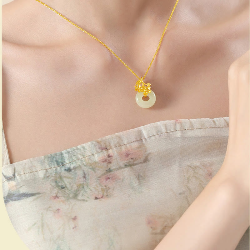 EverestArtstudios Hetian Jade 999 Sterling Silver Peace Buckle Peach Blossom Necklace Pendant