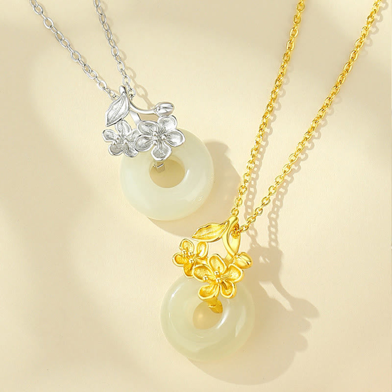 EverestArtstudios Hetian Jade 999 Sterling Silver Peace Buckle Peach Blossom Necklace Pendant