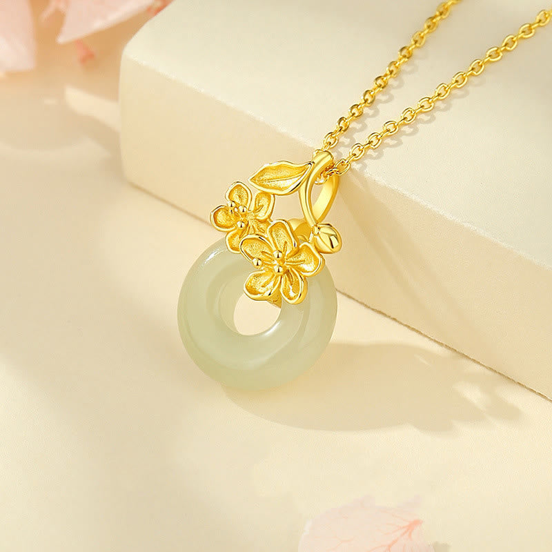 EverestArtstudios Hetian Jade 999 Sterling Silver Peace Buckle Peach Blossom Necklace Pendant