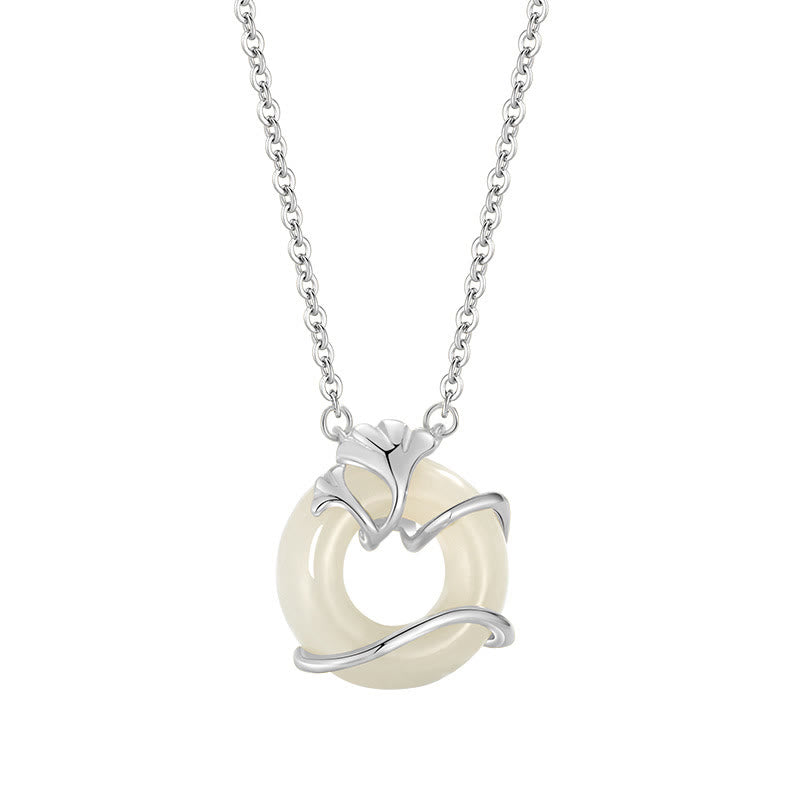 EverestArtstudios Hetian Jade 925 Sterling Silver Peace Buckle Ginkgo Leaf Necklace Pendant