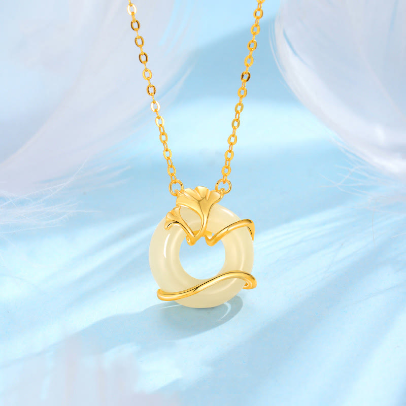 EverestArtstudios Hetian Jade 925 Sterling Silver Peace Buckle Ginkgo Leaf Necklace Pendant
