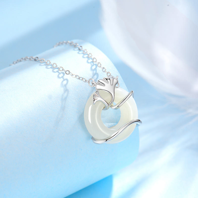 EverestArtstudios Hetian Jade 925 Sterling Silver Peace Buckle Ginkgo Leaf Necklace Pendant