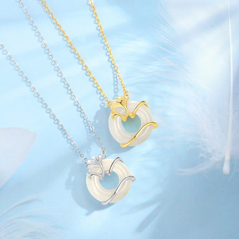 EverestArtstudios Hetian Jade 925 Sterling Silver Peace Buckle Ginkgo Leaf Necklace Pendant