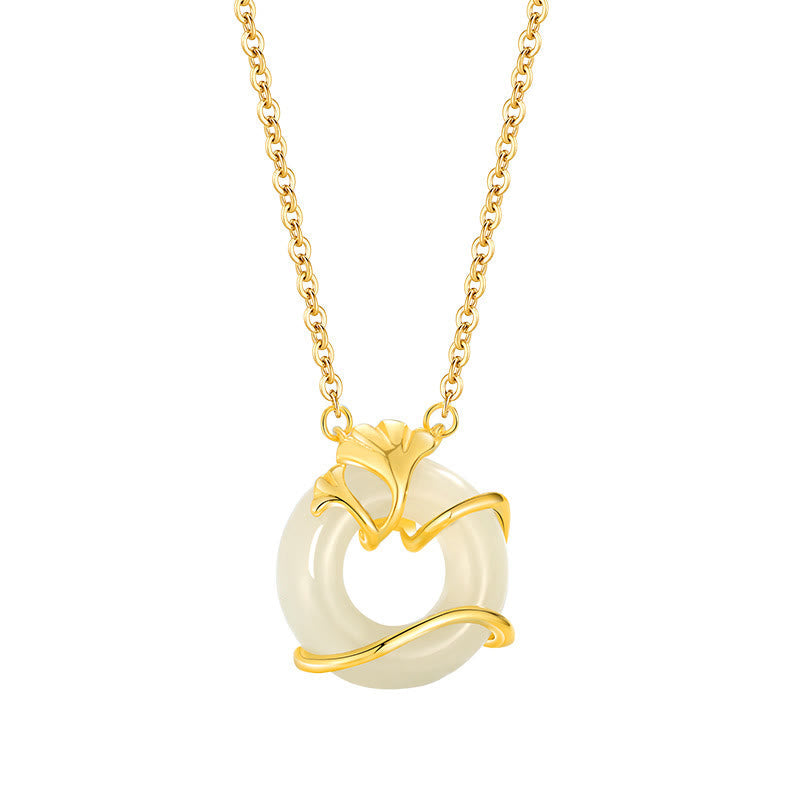 EverestArtstudios Hetian Jade 925 Sterling Silver Peace Buckle Ginkgo Leaf Necklace Pendant