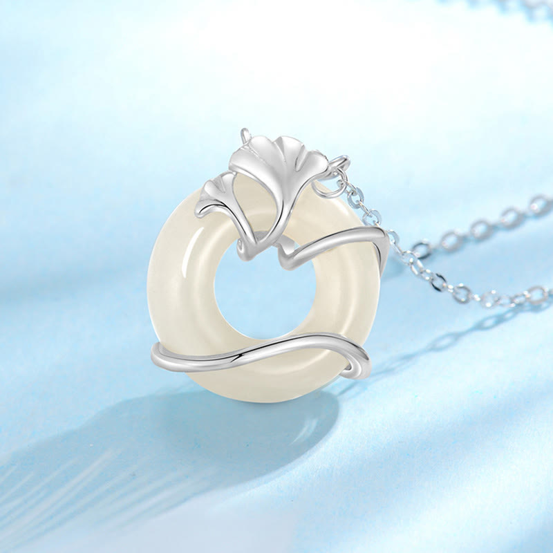 EverestArtstudios Hetian Jade 925 Sterling Silver Peace Buckle Ginkgo Leaf Necklace Pendant